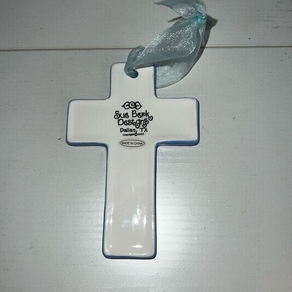 Sue Berk Designs Ceramic Glazed Cross Blue White I Am Wonderfully Made Baby Gift - Picture 5 of 6
